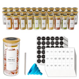 SpaceAid 36 Pcs Spice Jars with Bamboo Lids and Labels, Empty 4oz Glass Spice Bottles, Minimalist Farmhouse Spice Labels Stickers with Funnel, Seasoning Containers for Spice Rack, Cabinet and Drawer