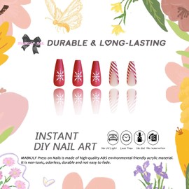 Christmas Press on Nails Long Square MABKJLF Red & White French Tip Fake Nails False Nails with Designs Snowflake Glitter Matte Glue on Nails Stick on Nails Acrylic Nails for Women Girls 24 Pcs