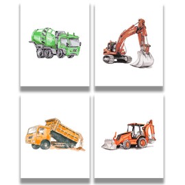 Boy's Bedroom Construction Vehicles Wall Art - Set of 4 Modern Nursery Room Decor for Boys - Toy Room and Playroom Wall Art for Boys - Great Gift for Kids Bedroom - 11x14 unframed prints