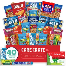 Christmas Snack Box (40 Piece Variety Gift Basket Care Package) Peanuts, Candy, Chips, Granola Bars & More - The Care Crate Co.