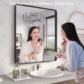 ISKM Black Metal Frame Wall Mirror for Bathroom 22" x 30" Rounded Corner Rectangle Mirror Bedroom Vanity Mirrors Wall Mounted Tempered Glass