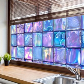 HOMETITUTE Iridescent Glass Block Window Film 39.3x17.7 Inch Privacy Decorative Window Cling Rainbow Tile Pattern Static Glass Cover for Bathroom Kitchen Front Door Office Living Room