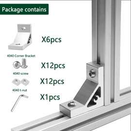 6Sets Silver Heavy Duty 4040 Aluminum Extrusion Corner Brackets 40 Series Extrusion Connectors with 6PCS 4040 Aluminum Extrusion Profiles T Slot L Bracket 12PCS Screws 4040 T Nut