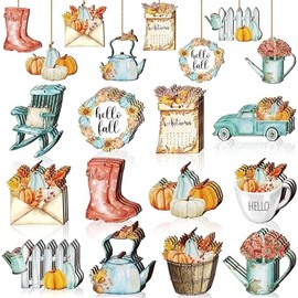 36 Pcs Fall Wood Ornaments Thanksgiving Decor for Tree Hello Fall Harvest Hanging Ornament Vintage Autumn Pumpkin Gnome Leaf Truck Wood Cutouts with Rope for Home Holiday (Fall)