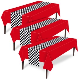 Tallew Checkered Car Party Supplies Disposable Tablecloth Plastic Table Cover Black and White Checkered Race Table Runner for Racing Birthday Party Decor Favor Supplies (Red,6 Pcs)