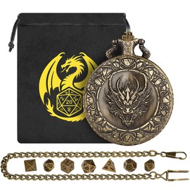 Mini DND Dice Set, with Steampunk Dragon Head Pocket Watch Shell Case, 7-Piece Polyhedral Metal D&D Dice, DND Gift Bag with Dragon Logo, RPG, MTG, Role Play Board Game Accessories, Bronze