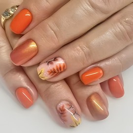 Thanksgiving Press on Nails Short Square Fake Nails Press ons with Maple Leaves Design Stick on Nails Orange Glitter False Nails Full Cover Acrylic Glue on Nail for Women Nails Art Decoration 24Pcs