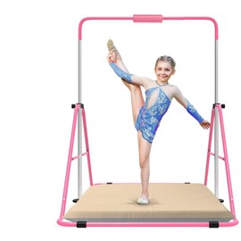 Jivifao Gymnastics Bar with Self-Inflating Mat for Kids, Adjustable Height Gymnastic Horizontal Bars with Mat, Folding Gymnastic Training Monkey Bars, Junior Expandable Training Kip Bar for Home