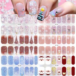 Christmas Gel Nail Stickers, Christmas Nail Wraps No Light Needed Cute Glitter Snowflake Xmas Tree Winter Nail Design Full Cover Holiday Nail Polish Strips Stickers for Women Girls(6Sheets)