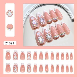 Long Press on Nails Square Rhinestone Pink French Tips Acrylic Fake Nails Glossy Glue Glitter Design Nails Full Cover Butterfly Charms False Nails for Women Manicure 24Pcs
