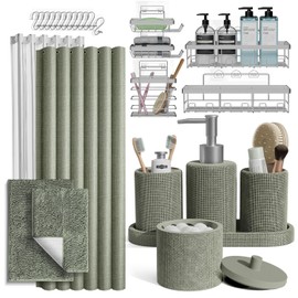 Clara Clark Sage Green Bathroom Set - Bathroom Sets with Shower Curtain and Rugs, 26PC Bathroom Accessory Set, Shower Curtain Set with Adhesive Corner Shower Caddy Hanging & Soap Dispenser