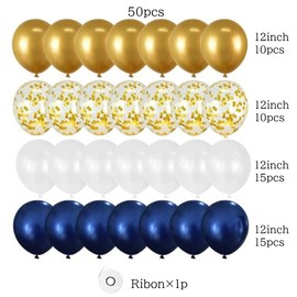 HappyHome 50 Balloons with Glitter Gold, Navy, White, 4 Types, Extra Thick Latex Balloons (Gold)
