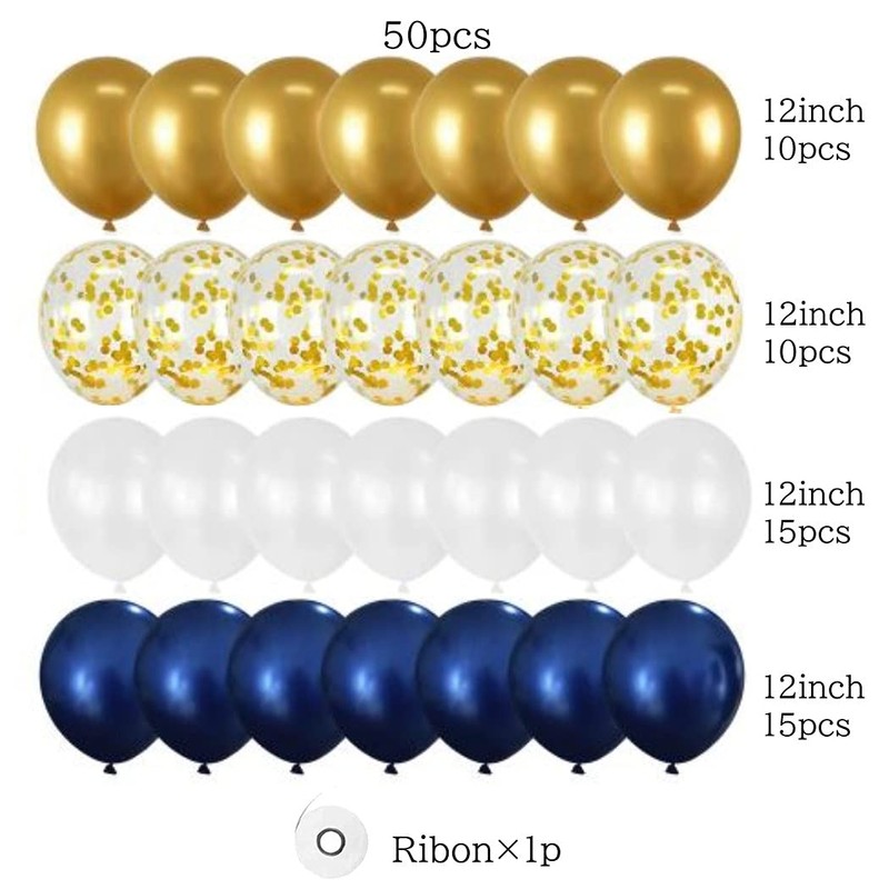 HappyHome 50 Balloons with Glitter Gold, Navy, White, 4 Types,