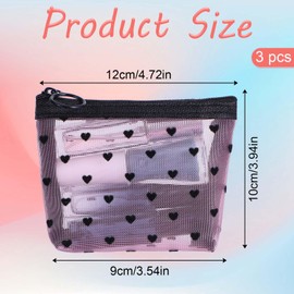 3Pcs Heart Print Mini Zipper Mesh Bags, Lipstick Cosmetic Accessories Organizer, Mini Zipper Mesh Cosmetic Bag for Women, Small Makeup Bag for Purse, Style 4
