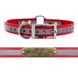 Outdoor Dog Supply's 3/4" Wide Reflective Ring in Center Dog Collar Strap with Custom Brass Name Plate (18" Long, Reflective Red)