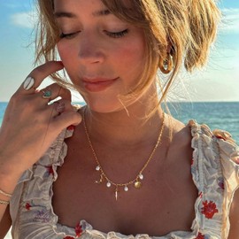 Rumgey Charm Necklace for Women - Dainty Gold Paperclip Moon and Star Necklace Hexagram Necklace Sun Pendant Pearl Necklace Amulet Accessory Preppy Stuff Charm Jewelry for Women