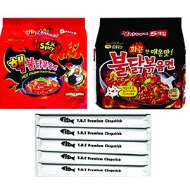 Samyang Spicy Chicken Ramen Combo / 2x Spicy & Original BULDAK Combo, Pack of 10, With 5 TBT Premium Chopsticks (2x Spicy & Original)