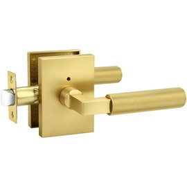 Probrico Brushed Gold Privacy Door Handle, Knurled Lever, Heavy Duty Interior Door Handles for Bed&Bath, Reversible for Left/Right Doors, Keyless Door Lever with Lock