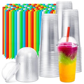 Lallisa 100 Sets Clear Plastic Cups with Dome Lids and Colorful Straws, Disposable Slushie Smoothie Cups PET Beverage for Party Iced Coffee Cold Drinks Juice Milkshake Fruit Tea Dessert(20 oz)
