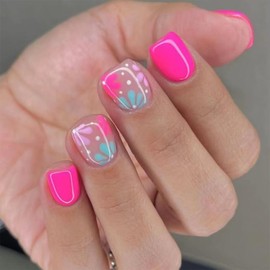 Short Press on Nails Square Fake Nails Blue Pink Flower Glue on Nails Summer Nail Art Decoration Glossy Full Cover Acrylic Nail Design Nail Kits Artificial Flower Nails for Women and Girls 24Pcs
