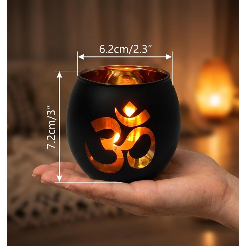 Glass Om Candle Holder Set - 2 Pcs Black Diwali