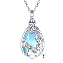 YAFEINI Libelle Mondstein Urne Kette für Asche 925 Sterling Silber Tropfen Mondstein Libelle Anhänger Kette Feuerbestattung Andenken Halskette für Damen