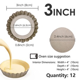 Cyimi 3 Inch Tart Mould with Lifting Base, Pack of 12, Egg Tart Moulds, Tartlet Moulds, 8 cm, Non-Stick Coating, Mini Quiche Mould, Gold