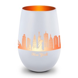 GRAVURZEILE Decorative Glass Lantern with Engraving – Skyline New York – High-Quality 360° Laser Engraving – Decorative Gift as a Keepsake, Souvenir or for Collectors Birthday – Colour: White/Bronze