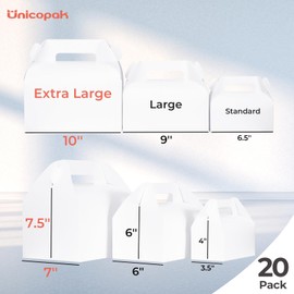 UnicoPak 20 Pack 10x7x7.5 Extra Large Gable Boxes White Handled Lunch Boxes To Go for Birthday Wedding Party Favors Picnic Welcome
