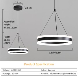 Mikeru 20cm Hanging Light 1Pack with Remote Control Dimmable 3000k/4500k/6500k Acrylic Kitchen Island Light, Height Adjustable 1.2M Dining Room Pendant for Cafe, Bedroom, Living Room