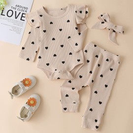 Baby Girl Clothes Infant Girl Heart Prints Outfits Long Sleeve Romper and Pants Clothing Sets Brown 12-18 Months