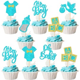 30 piezas para baby shower de Oh Baby cupcake Toppers It's a Boy - Púas para magdalenas con purpurina, para biberones de bebé, decoración para revelar el género, suministros para fiestas de cumpleaños, color azul