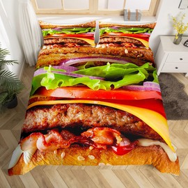 Homemissing Hamburgers Comforter Cover Giant Funny Food Bedding Set for Kids Toddler Novelty Weird Duvet Cover Realistic Food Bedspread Cover Decor Quilt Cover Single