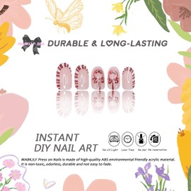 Christmas Press on Nails Short Almond MABKJLF French Tip Fake Nails Winter False Nails with Designs Cane Candy Stars Full Cover Glossy Glue on Nails Acrylic Nails for Women Girls 24 Pcs