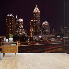 Kanworse Night Skyline Atlanta Canvas Print Wallpaper Wall Mural Self Adhesive Peel & Stick Wallpaper Home Craft Wall Decal Wall Poster Sticker for Living Room