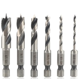 Treki 6PCS Brad Point Drill Bit Set HSS Brad Point Stubby Drill Bits 1/4 Inch Hex Shank Quick Change Wood Brad-Point Drill Bits for Woodworking and All Types of Wood 3/8" 5/16" 1/4" 3/16" 1/8" 3/32"