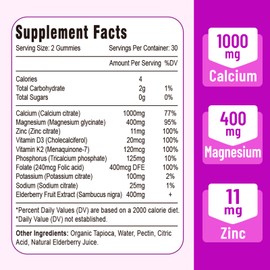 Calcium Magnesium Zinc Gummies with Vitamin D3 & K2, High Absorption Magnesium Glycinate Potassium for Immune, Bone, Muscles & Calm Mood, Sugar Free, Vegan Elderberry Flavor 60 Gummies…