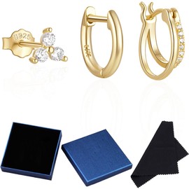 WOZNU 3Paar Ohrringe Silber 925 Set für Damen Mädchen Hypoallergen Klein Ohrstecker Silber 925 Creolen Zirkonia Ohrring Schlafen Knorpel Ohrringe Set Gold