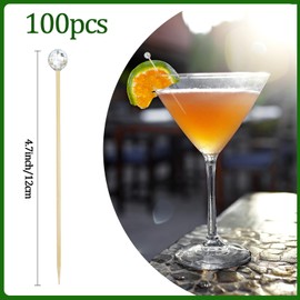 100Pcs Disco Ball Cocktail Pick,Silver Mirror Ball Decorative Toothpicks for Appetizers Bamboo Cocktail Skewers 4.7IN Disco Mirror Ball Drink Stirrers for Birthday Wedding 70sTheme Party Supplies