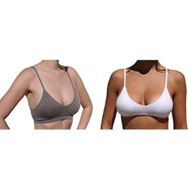 Anemone Women's Seamless V-Neck Padded Bralette with Adjustable Straps (One Size, 2PACK: WHT/IRON)