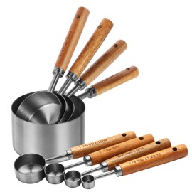 Measuring Cups and Spoons Set，Measuring Cup Set with Wooden Handle and Metric and US Measurements，Silver Polished Finish，for Cooking and Baking in The Kitchen (8 Piece)
