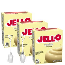 Jell-O Instant Pudding & Pie Filling Mix 3.4 oz Box (Pack of 3) with Candy Freezer Mini Metal Spoons (Vanilla) - Shovel Spoons