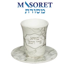 MASORET Kiddush Cup and Tray - Ceramic Wine Kiddush Cup and Tray 3.5" For Shabbat and Havdalah - Judaica Shabbos Gift Bore Pri Hagefen