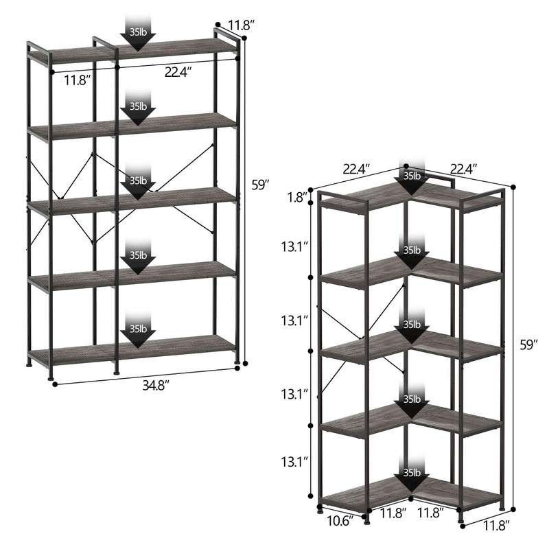 Tohomeor Bookshelf 5 Tier Deformable Corner Bookcase Free Standing Modern
