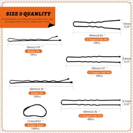 Rustark 380Pcs 2 Styles Black Hair Pins Kit with Storage Box, Includes Bobby Pins Buns U Shaped Hair Pins and Rubber Hair Bands for Women Girls Kids for All Hair Types