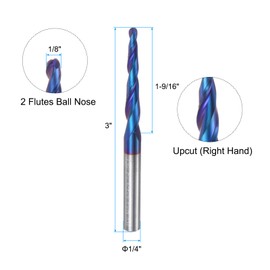 QUARKZMAN Tapered Ball Nose Router CNC Router Bit, 1/16" Radius 1/4" Shank Solid Carbide Coated Upward Spiral 2 Cutting Milling Tool, 1/8" Diameter 3" Overall Length