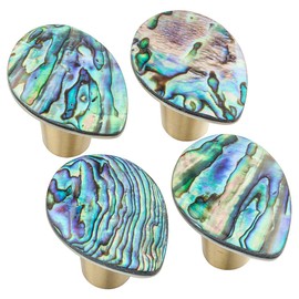 SUNYIK Pack of 4 Natural Abalone Shell Drawer Knobs with Screws, Brass Cabinet Knobs for Dresser Cupboard Furniture Decorative Home Office Door Decor, Teardrop