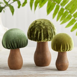 Velvet Mushrooms Set of 3, Shelf sitters, mantel decor, everyday tablescape, gift for nature lover (Green)