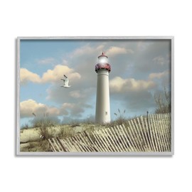Stupell Industries Cape May Sand Dune Fence Lighthouse Beach Scene with Seagull, Design by Alan Giana & Company Gray Framed Wall Art, 11x14, Blue