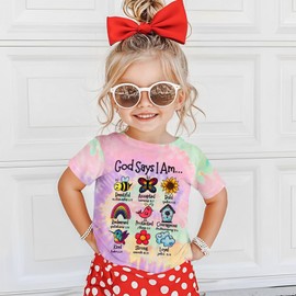 Ritatte God Says I Am Bee Shirt Toddler Girls Christian Bible Verse T-Shirt Religious Tee Inspirational Tie Dye Tops(Green&Purple, 110<4-5T>)